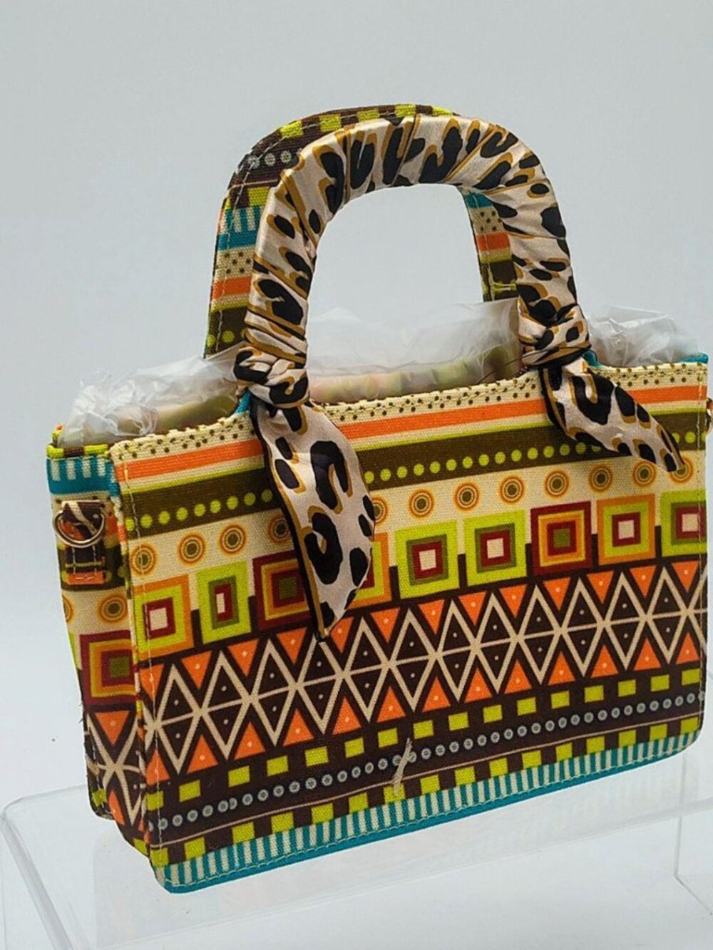 Tribal Geometric Pattern Mini Tote Bag w/ Leopard Scarf 🐆✨